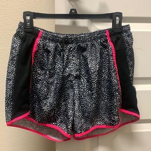 Women’s Champion Running Shorts, Size Medium. Black with hot pink accents.